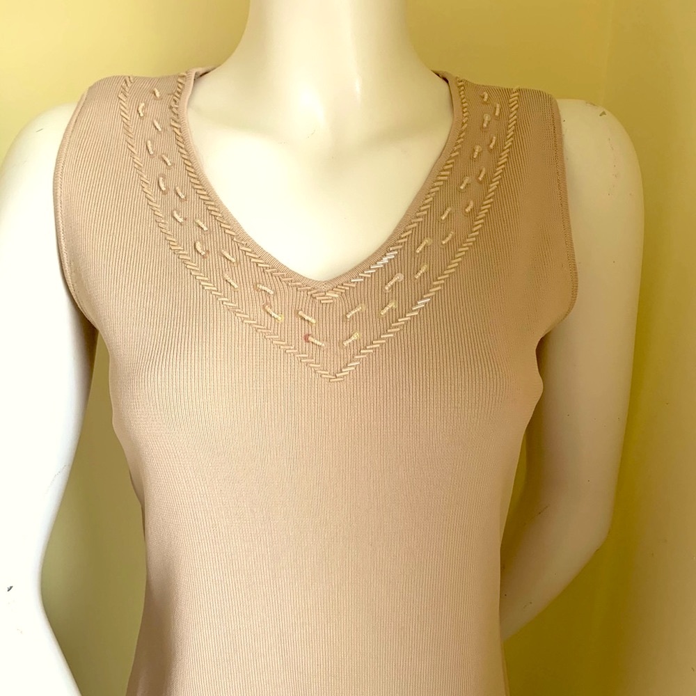 Zara Natural tan Color Rayon Knit Tank Top with nicely Beaded V Neck US M
